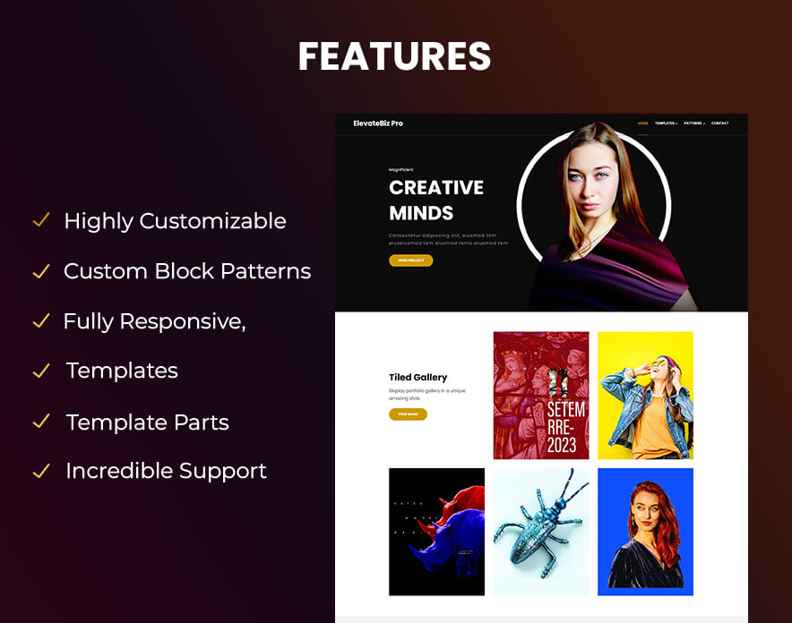 ElevateBiz Pro - Art and Photography WordPress Block Theme Features