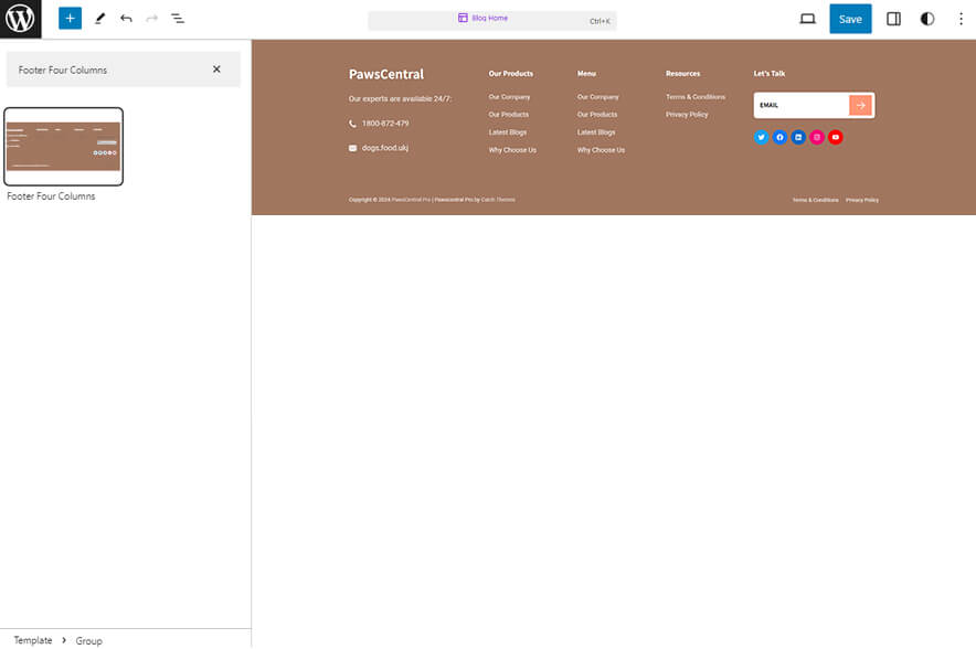 PawsCentral Pro - Pet WordPress eCommerce Block Theme Footer Four Columns