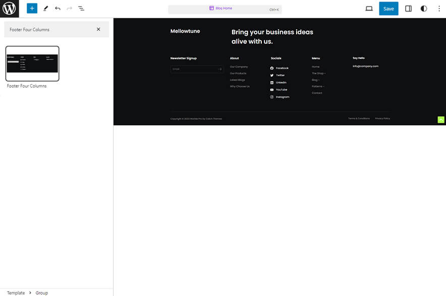 Warble Pro - Footer Four Columns