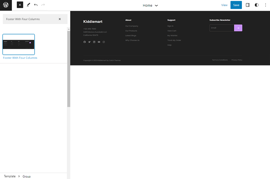 Kiddiemart - eCommerce WordPress Block Theme Footer Four Columns